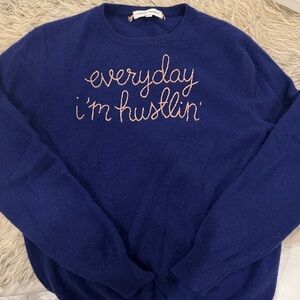 Blue Crew Neck Cashmere Sweater with Embroidered Slogan